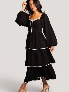 Baltic Born Black Tiered Midi Dress with white Trim